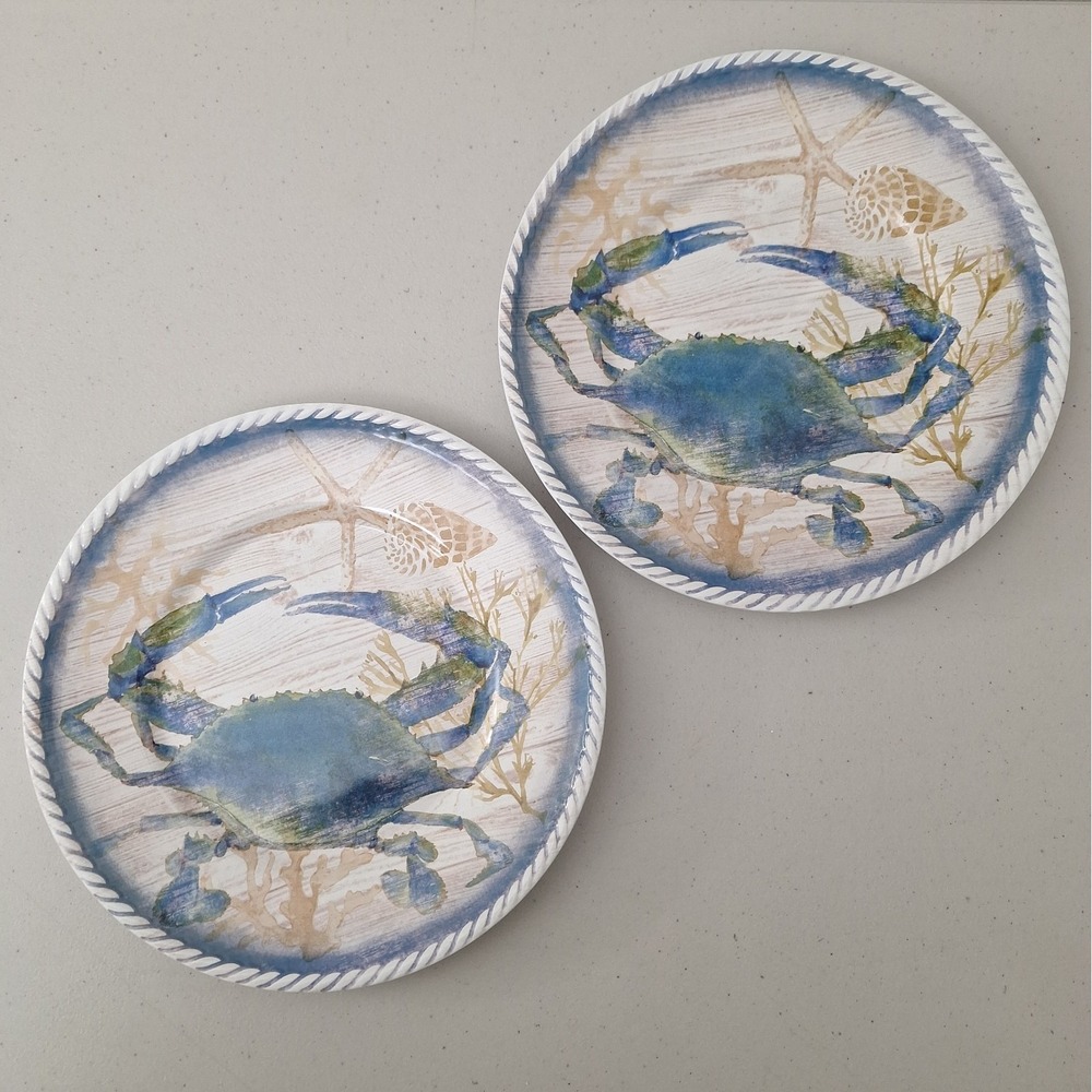 2 Set, Melamine Dinner Plates Blue Crab Nautical Beach Theme by Cynthia Rowley